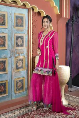 Nikhaar pink georgette stitched straight cut sharara kurta & dupatta  4