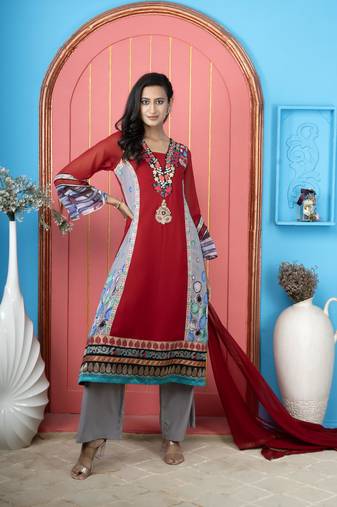 Nikhaar maroon georgette stitched anarkali palazzo kurta & dupatta 
