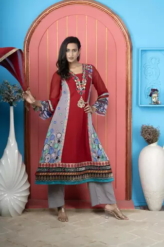 Nikhaar maroon georgette stitched anarkali palazzo kurta & dupatta 