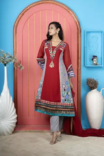 Nikhaar maroon georgette stitched anarkali palazzo kurta & dupatta 