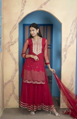 Nikhaar pink net stitched straight cut sharara kurta & dupatta  1