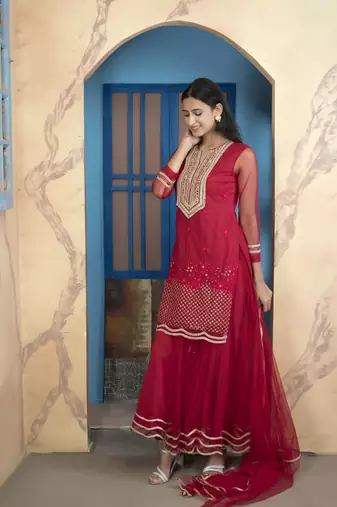 Nikhaar pink net stitched straight cut sharara kurta & dupatta 