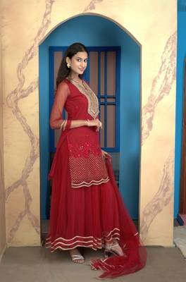 Nikhaar pink net stitched straight cut sharara kurta & dupatta  4