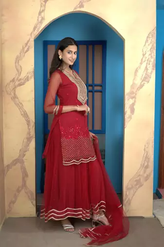 Nikhaar pink net stitched straight cut sharara kurta & dupatta 