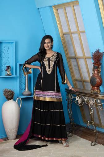 Nikhaar black georgette stitched straight cut sharara kurta & dupatta 