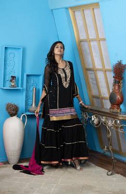 Nikhaar black georgette stitched straight cut sharara kurta & dupatta  3