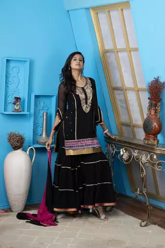 Nikhaar black georgette stitched straight cut sharara kurta & dupatta 