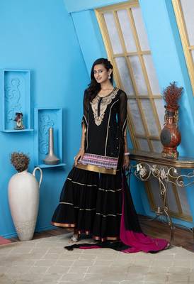 Nikhaar black georgette stitched straight cut sharara kurta & dupatta  4