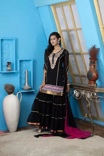 Nikhaar black georgette stitched straight cut sharara kurta & dupatta 