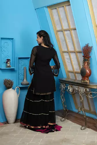 Nikhaar black georgette stitched straight cut sharara kurta & dupatta 