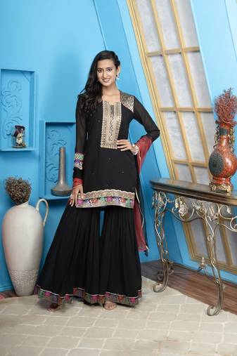 Nikhaar black georgette stitched straight cut sharara kurta & dupatta 