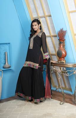Nikhaar black georgette stitched straight cut sharara kurta & dupatta  3