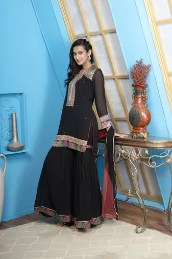 Nikhaar black georgette stitched straight cut sharara kurta & dupatta 