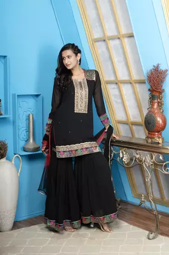 Nikhaar black georgette stitched straight cut sharara kurta & dupatta 