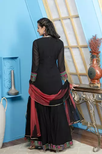 Nikhaar black georgette stitched straight cut sharara kurta & dupatta 