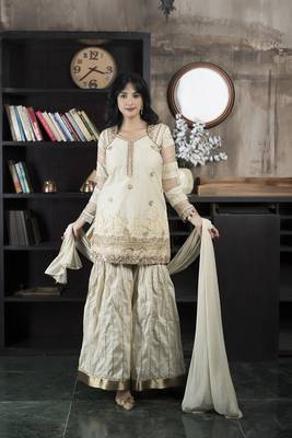 Nikhaar beige net stitched straight cut sharara kurta & dupatta  1