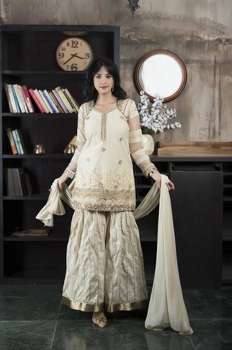 Nikhaar beige net stitched straight cut sharara kurta & dupatta 