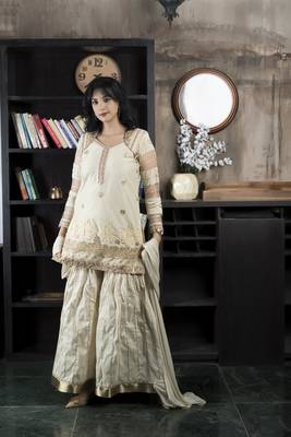 Nikhaar beige net stitched straight cut sharara kurta & dupatta  3
