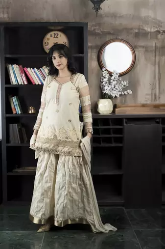 Nikhaar beige net stitched straight cut sharara kurta & dupatta 