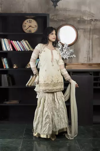 Nikhaar beige net stitched straight cut sharara kurta & dupatta 