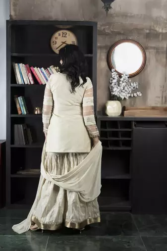 Nikhaar beige net stitched straight cut sharara kurta & dupatta 