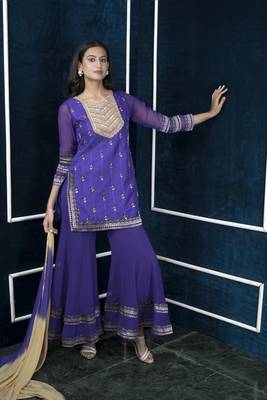 Nikhaar purple art silk stitched straight cut sharara kurta & dupatta  1