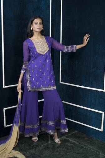 Nikhaar purple art silk stitched straight cut sharara kurta & dupatta 