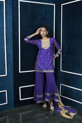 Nikhaar purple art silk stitched straight cut sharara kurta & dupatta  3