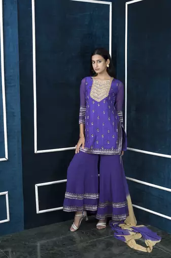 Nikhaar purple art silk stitched straight cut sharara kurta & dupatta 