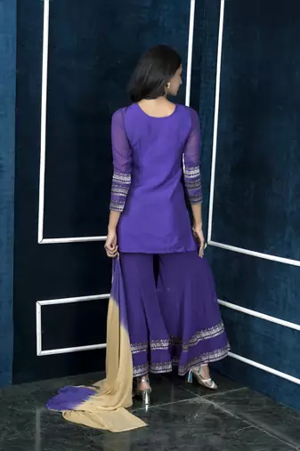 Nikhaar purple art silk stitched straight cut sharara kurta & dupatta 
