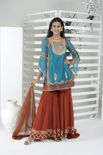 Nikhaar blue art silk stitched straight cut sharara kurta & dupatta 