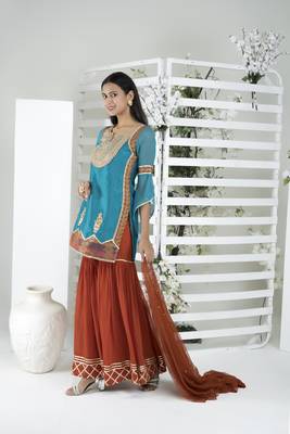 Nikhaar blue art silk stitched straight cut sharara kurta & dupatta  4