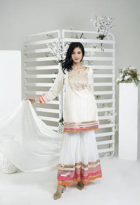Nikhaar off white art silk stitched straight cut sharara kurta & dupatta  1