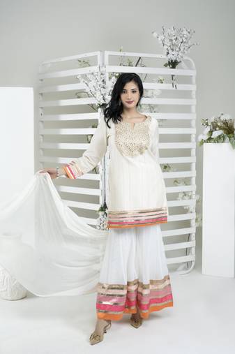 Nikhaar off white art silk stitched straight cut sharara kurta & dupatta 