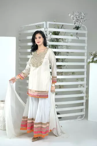 Nikhaar off white art silk stitched straight cut sharara kurta & dupatta 