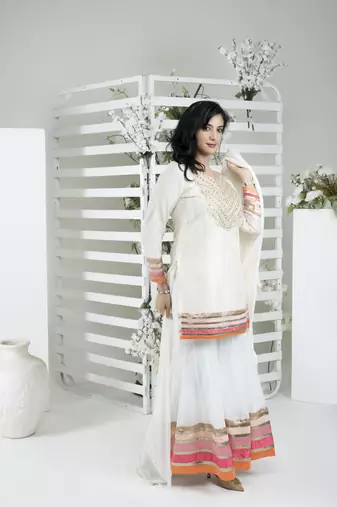 Nikhaar off white art silk stitched straight cut sharara kurta & dupatta 