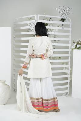 Nikhaar off white art silk stitched straight cut sharara kurta & dupatta  5