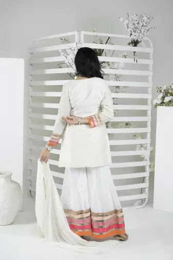 Nikhaar off white art silk stitched straight cut sharara kurta & dupatta 