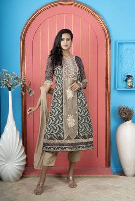 Nikhaar green silk stitched anarkali trouser kurta & dupatta  1