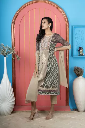 Nikhaar green silk stitched anarkali trouser kurta & dupatta 