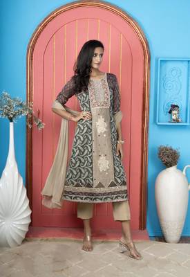 Nikhaar green silk stitched anarkali trouser kurta & dupatta  4