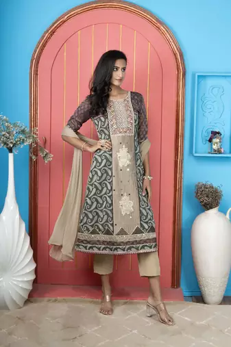 Nikhaar green silk stitched anarkali trouser kurta & dupatta 