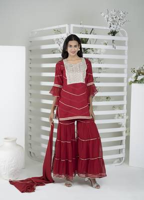 Nikhaar maroon cotton stitched straight cut sharara kurta & dupatta  1