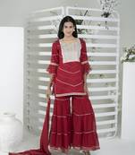 Nikhaar maroon cotton stitched straight cut sharara kurta & dupatta