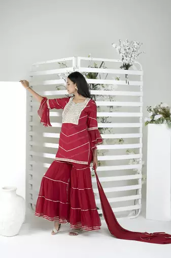 Nikhaar maroon cotton stitched straight cut sharara kurta & dupatta 