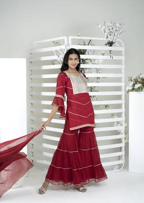 Nikhaar maroon cotton stitched straight cut sharara kurta & dupatta  4
