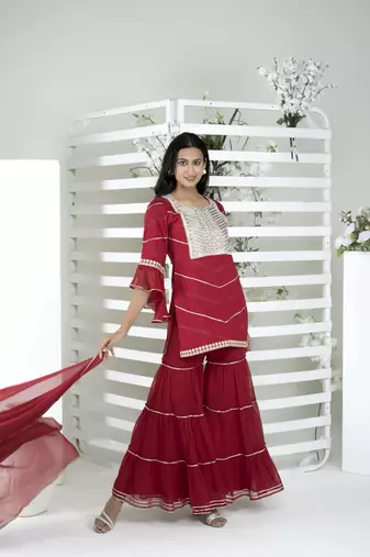 Nikhaar maroon cotton stitched straight cut sharara kurta & dupatta 