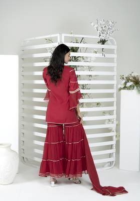 Nikhaar maroon cotton stitched straight cut sharara kurta & dupatta  5