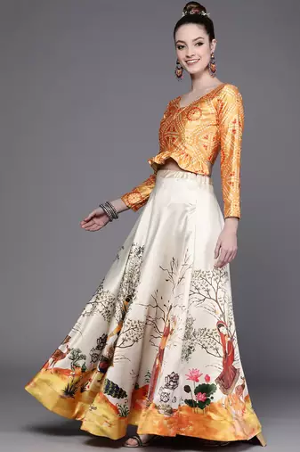 Ethnic Motifs Digital Print Shiney Satin Croptop Lehenga Choli With Unstitched Blouse For Women and Girls