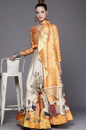 Ethnic Motifs Digital Print Shiney Satin Croptop Lehenga Choli With Unstitched Blouse For Women and Girls